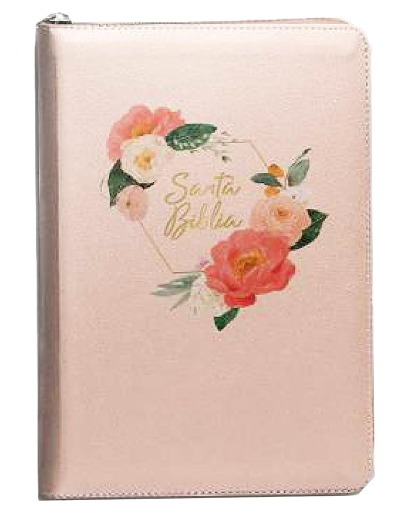 Biblia  Letra Grande Tamano Manual con Cierre Indice Semil Piel en color Durazno con flores- RVR 1960