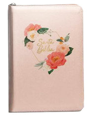 Biblia  Letra Grande Tamano Manual con Cierre Indice Semil Piel en color Durazno con flores- RVR 1960