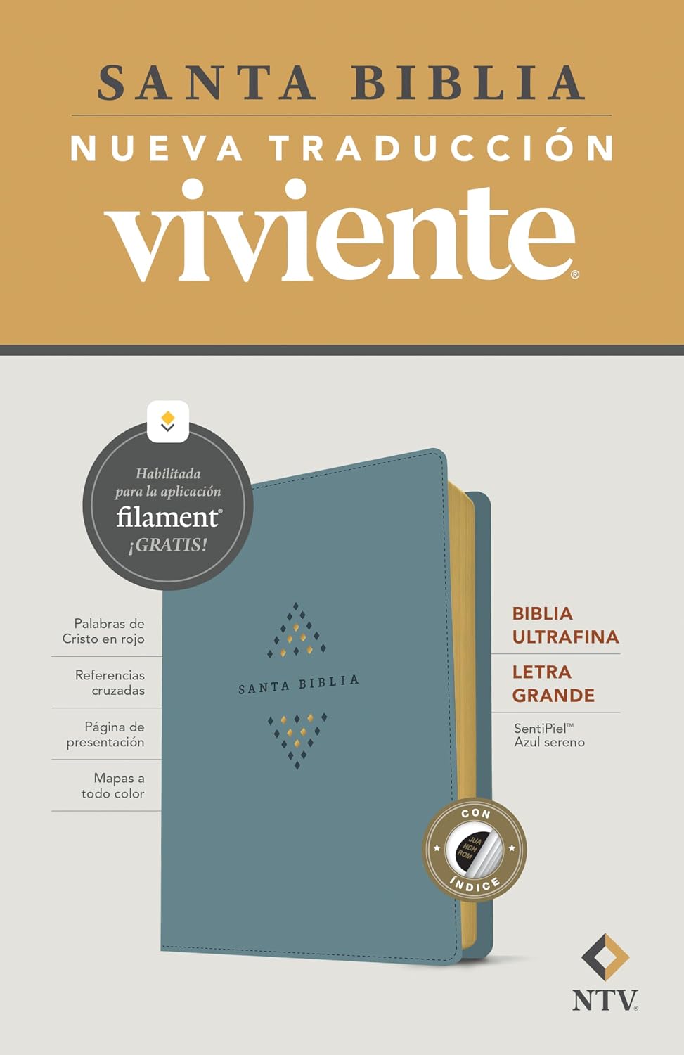 Biblia ultrafina, letra grande con Filament, SentiPiel, Azul sereno, Índice, Letra Roja - NTV