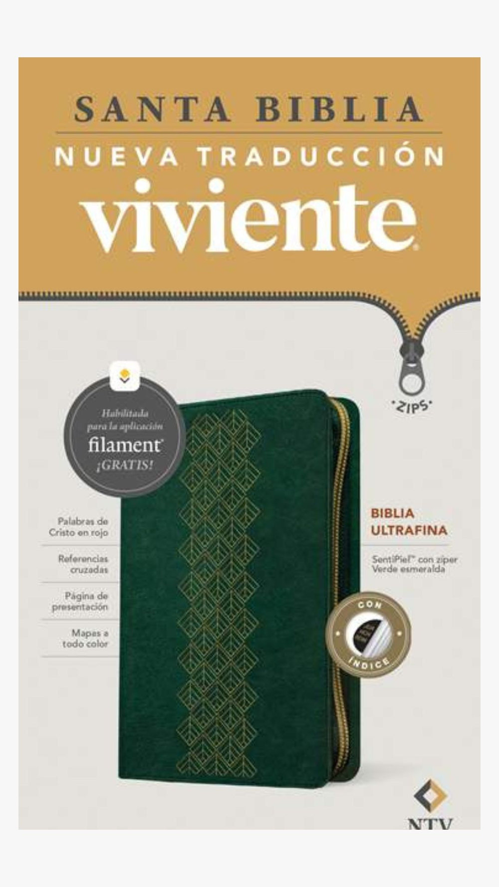 Biblia ultrafina NTV de zíper, con Filament (SentiPiel, Verde esmeralda, Índice, Letra Roja)