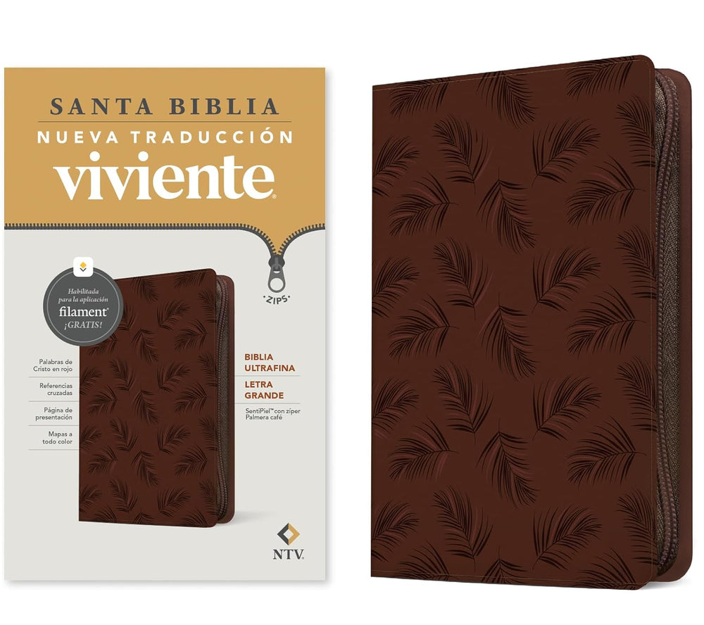 Biblia Ultrafina, letra grande,  zíper con Filament sentipiel, palmera café- NTV