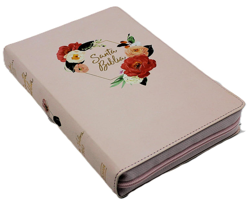 Biblia  Letra Grande Tamano Manual con Cierre Indice Semil Piel en color Durazno con flores- RVR 1960