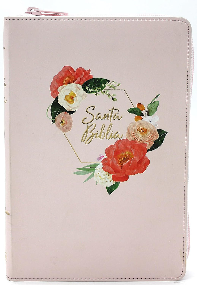 Biblia  Letra Grande Tamano Manual con Cierre Indice Semil Piel en color Durazno con flores- RVR 1960