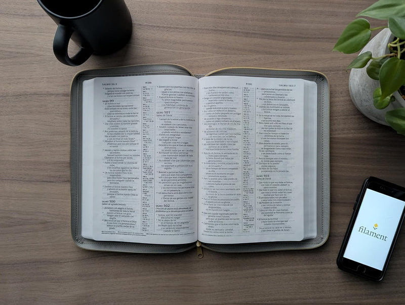 Biblia de referencia, letra grande de zíper con Filament, SentiPiel Gris, Letra Roja - NTV