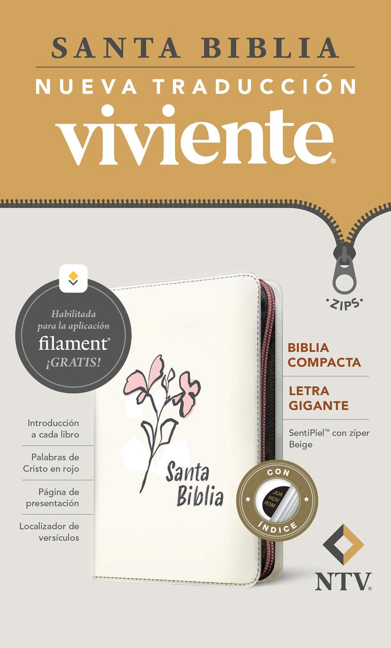 BIBLIA COMPACTA NTV, CON INDICE, LETRA GIGANTE DE ZÍPER CON FILAMENT, COLOR BEIGE