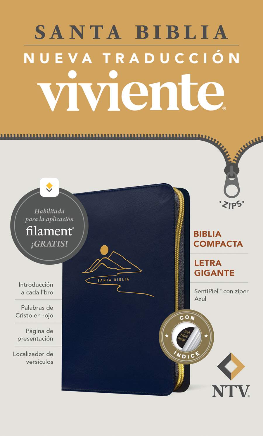 BIBLIA COMPACTA NTV, CON INDICE, LETRA GIGANTE DE ZÍPER CON FILAMENT, COLOR AZUL