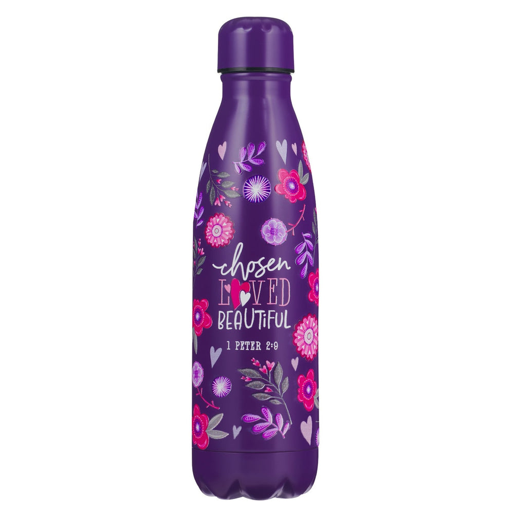 BOTELLA DE AGUA EN ACERO INOXIDABLE, COLOR MORADA "CHOSEN LOVED BEAUTIFUL"
