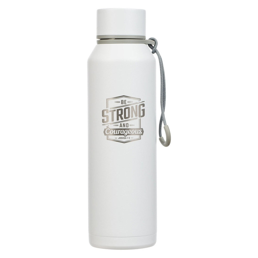 BOTELLA DE AGUA EN ACERO INOXIDABLE, COLOR BLANCA "STRONG AND COURAGEOUS "