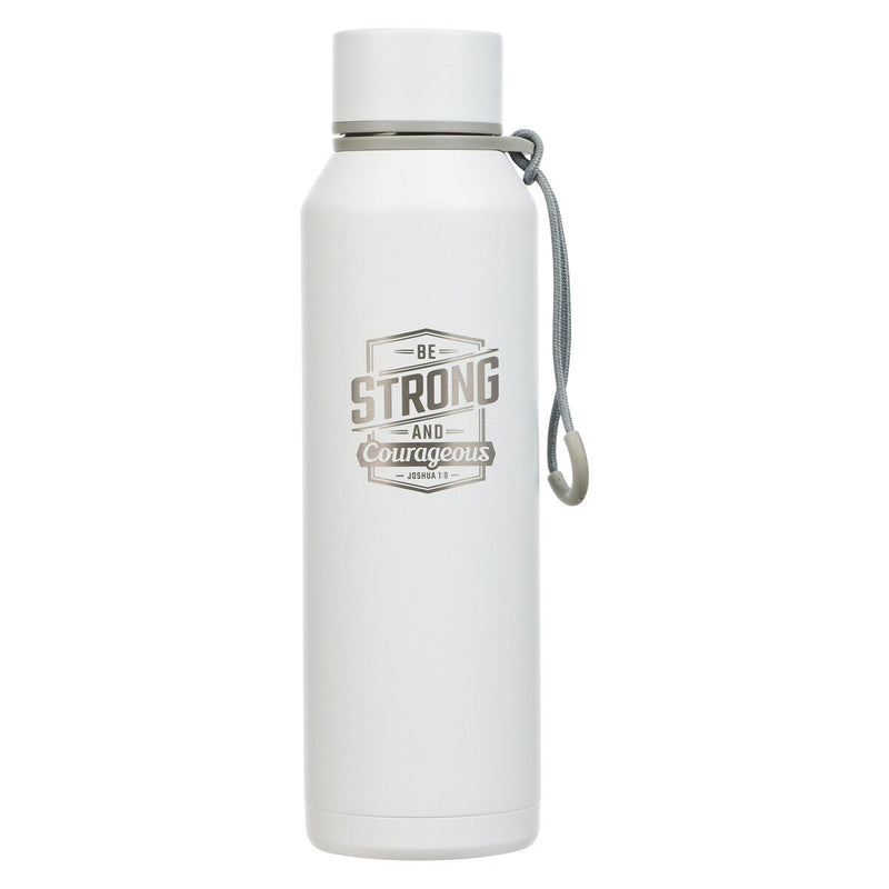 BOTELLA DE AGUA EN ACERO INOXIDABLE, COLOR BLANCA "STRONG AND COURAGEOUS "
