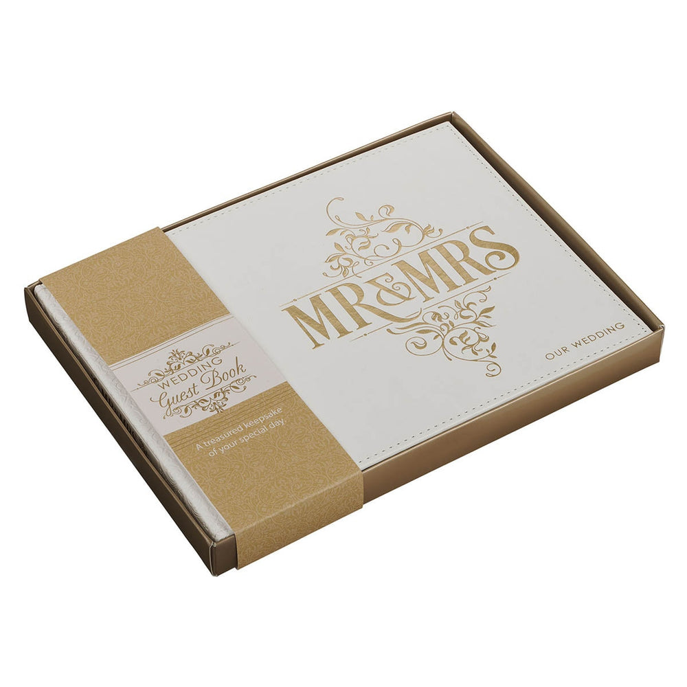 Libro de Firmas de Boda “Mr. & Mrs.” Encaje Blanco Elegante