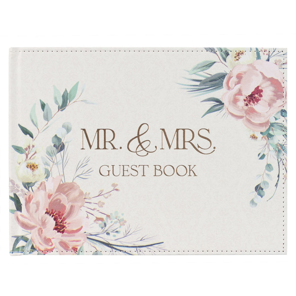 LIBRO DE FIRMAS PARA BODA, COLOR ROSA FLORAL "1 JUAN 4:19"