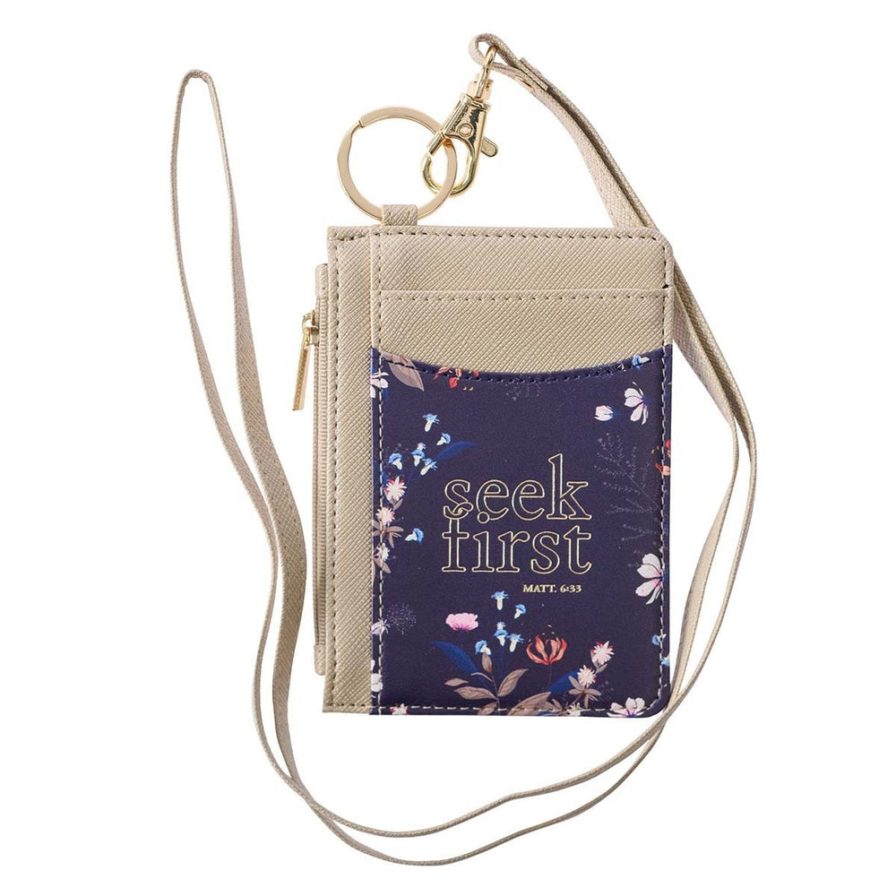 Porta Carné y Tarjetas “Seek First” Taupe y Azul Marino – Mateo 6:33