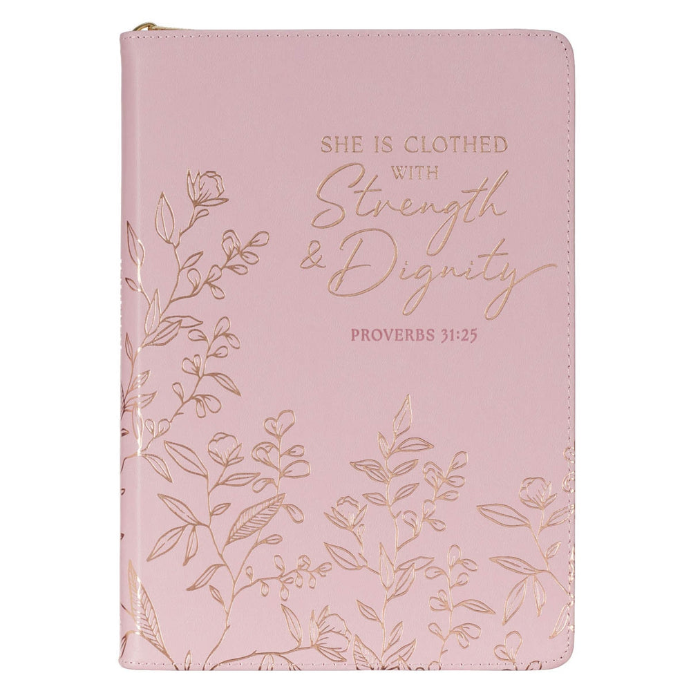 DIARIO DE PIEL SINTÉTICA, COLOR ROSA CON CREMALLERA " STRENGTH AND DIGNITY "
