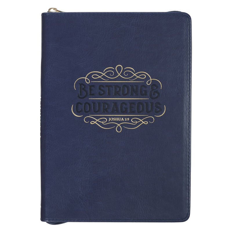 DIARIO DE PIEL SINTÉTICA CON CIERRE DE CREMALLERA, COLOR AZUL " BE STRONG AND COURAGEOUS"
