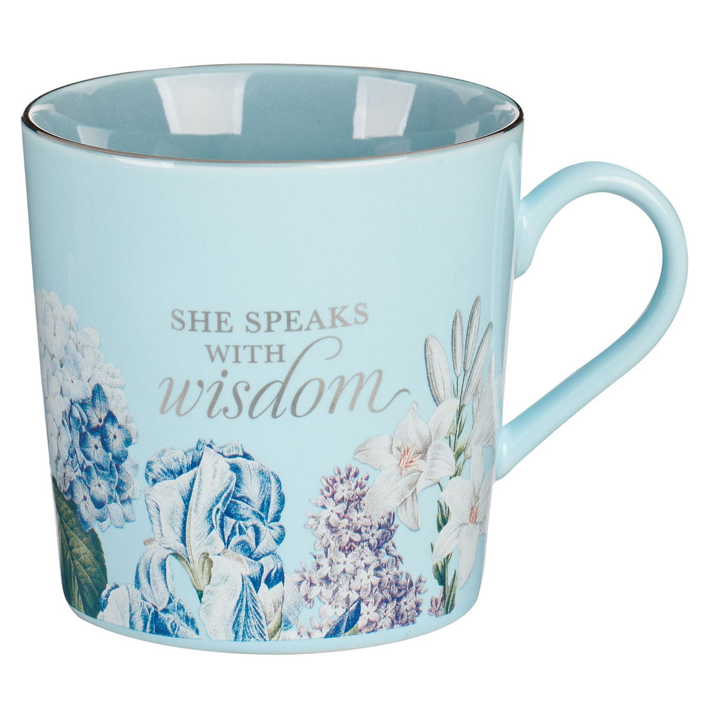 Mug azul floral "She speaks with wisdom"