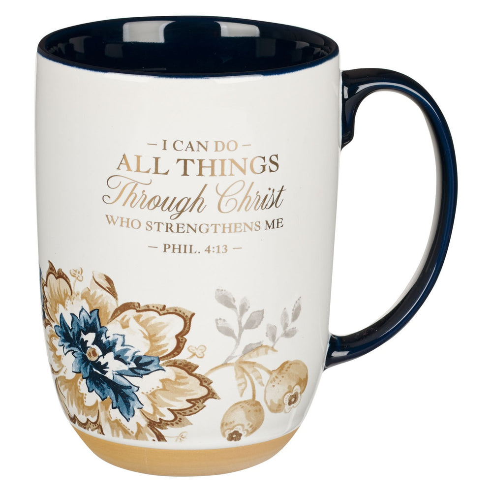 Mug azul y café ""I can do all things"