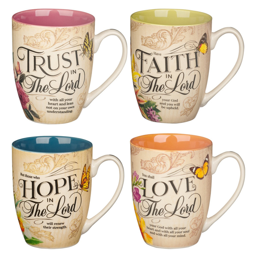 Juego de tazas florales, Faith Trust Hope and Love