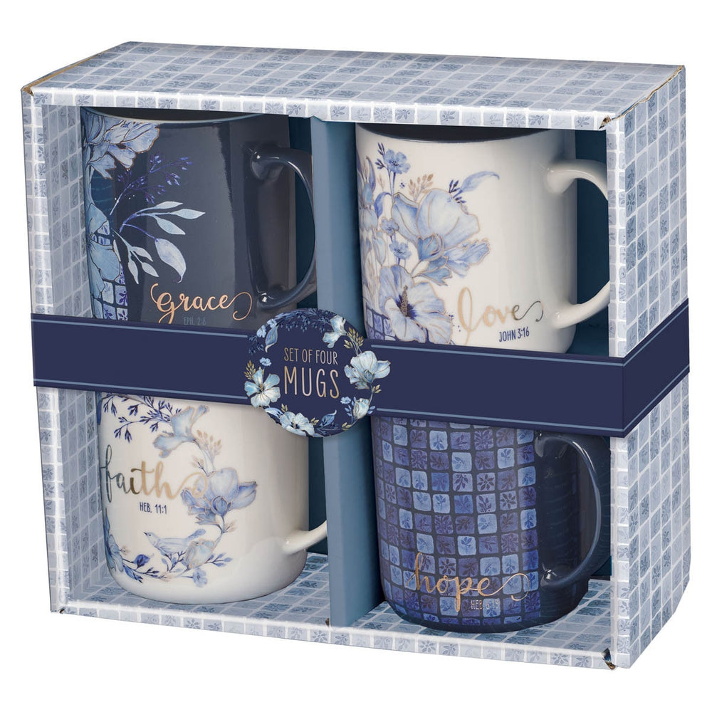 Juego de tazas de cerámica con diseño floral azul