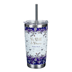 VASO PARA AGUA CON PITILLO AZUL FLORAL 