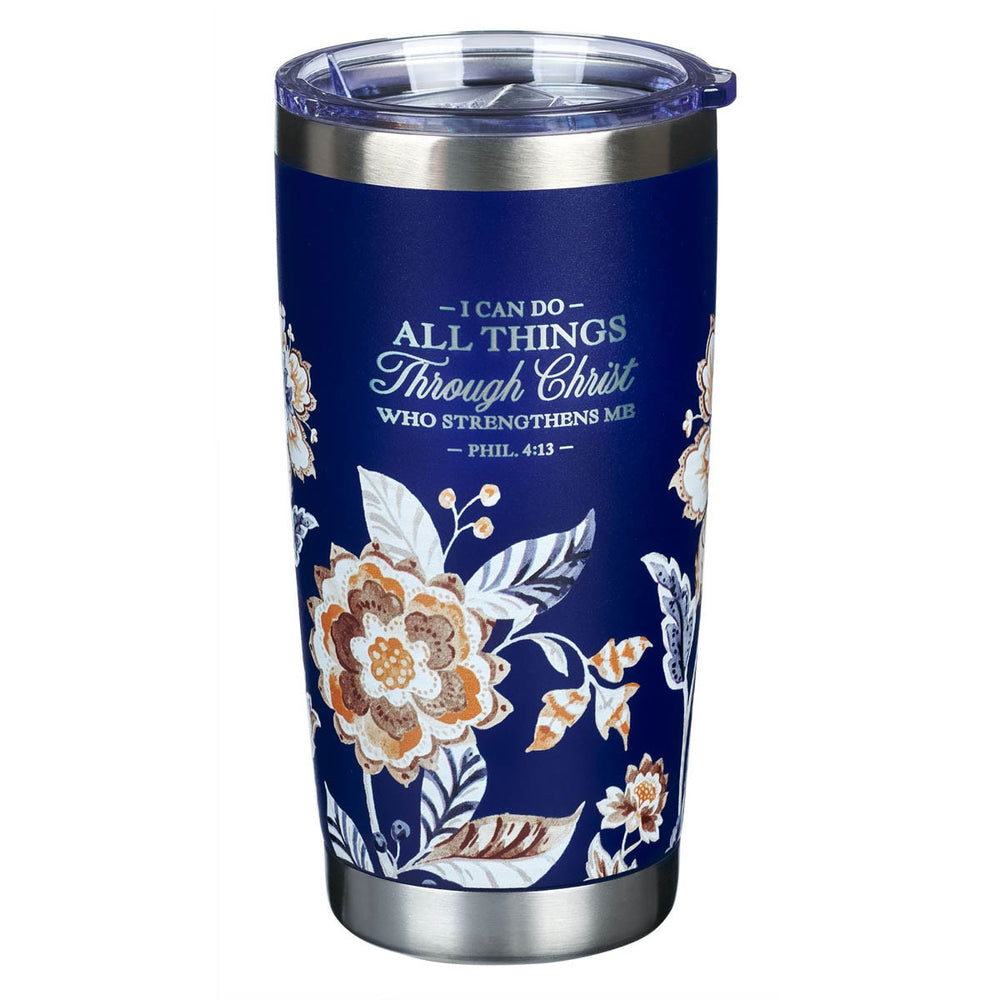 TERMO PARA AGUA CON TAPA CAFÉ Y AZUL NAVY FLORAL "I CAN DO ALL THINGS THROUGH CHRIST"