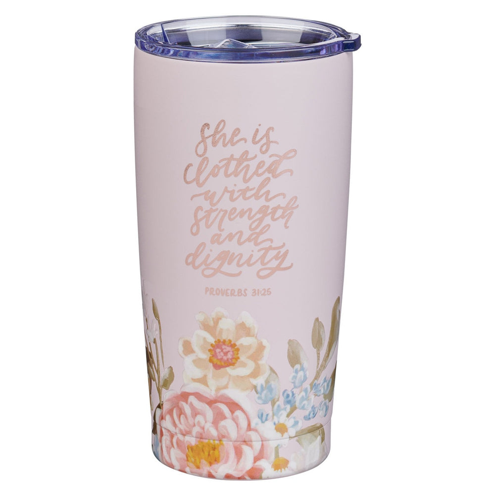 TERMO PARA AGUA CON TAPA ROSADO "STRENGTH & DIGNITY"