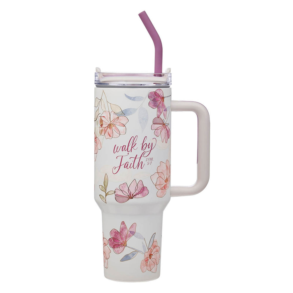 Vaso con Pitillo Térmico Walk by Faith 40 oz Floral Rosa – 2 Corintios 5:7