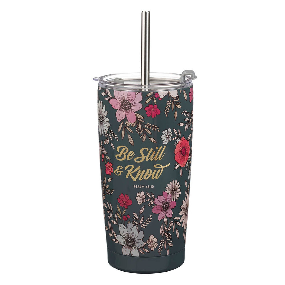 Vaso con Pitillo Térmico Floral Be Still Verde Azulado – Salmo 46:10