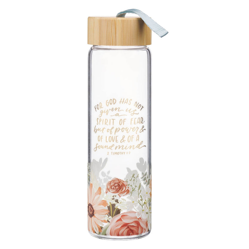 Botella de Vidrio Floral “Sin Temor” con Tapa de Bambú – 2 Timoteo 1:7