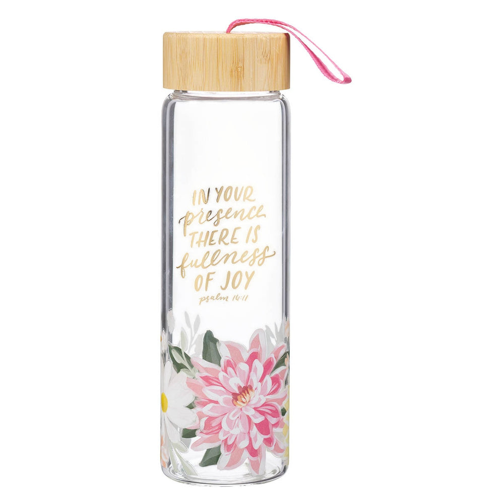 Botella de Vidrio Floral “Plenitud de Gozo” con Tapa de Bambú – Salmo 16:11