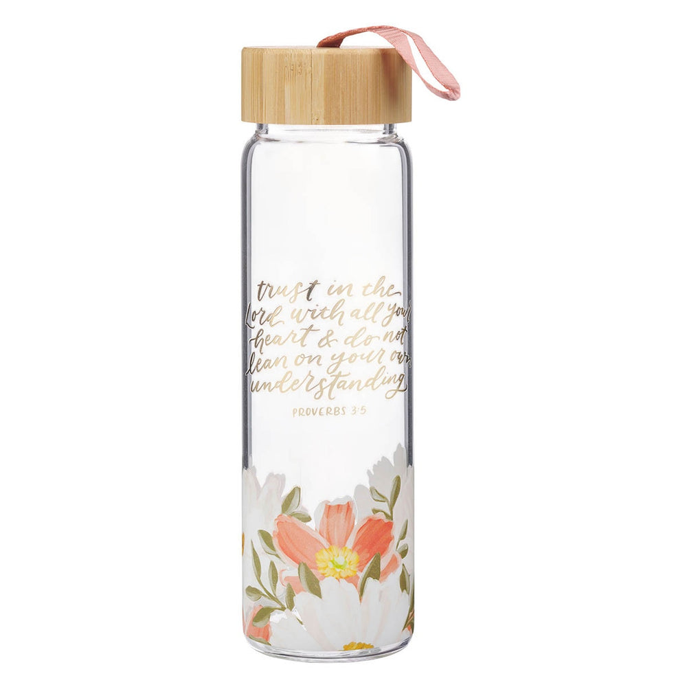 Botella de Vidrio Floral “Confía en el Señor” con Tapa de Bambú – Proverbios 3:5