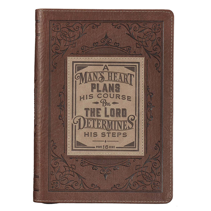 Diario con cremallera de cuero sintético clásico de A Man's Heart en marrón - Proverbios 16: 9