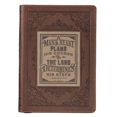 Diario con cremallera de cuero sintético clásico de A Man's Heart en marrón - Proverbios 16: 9