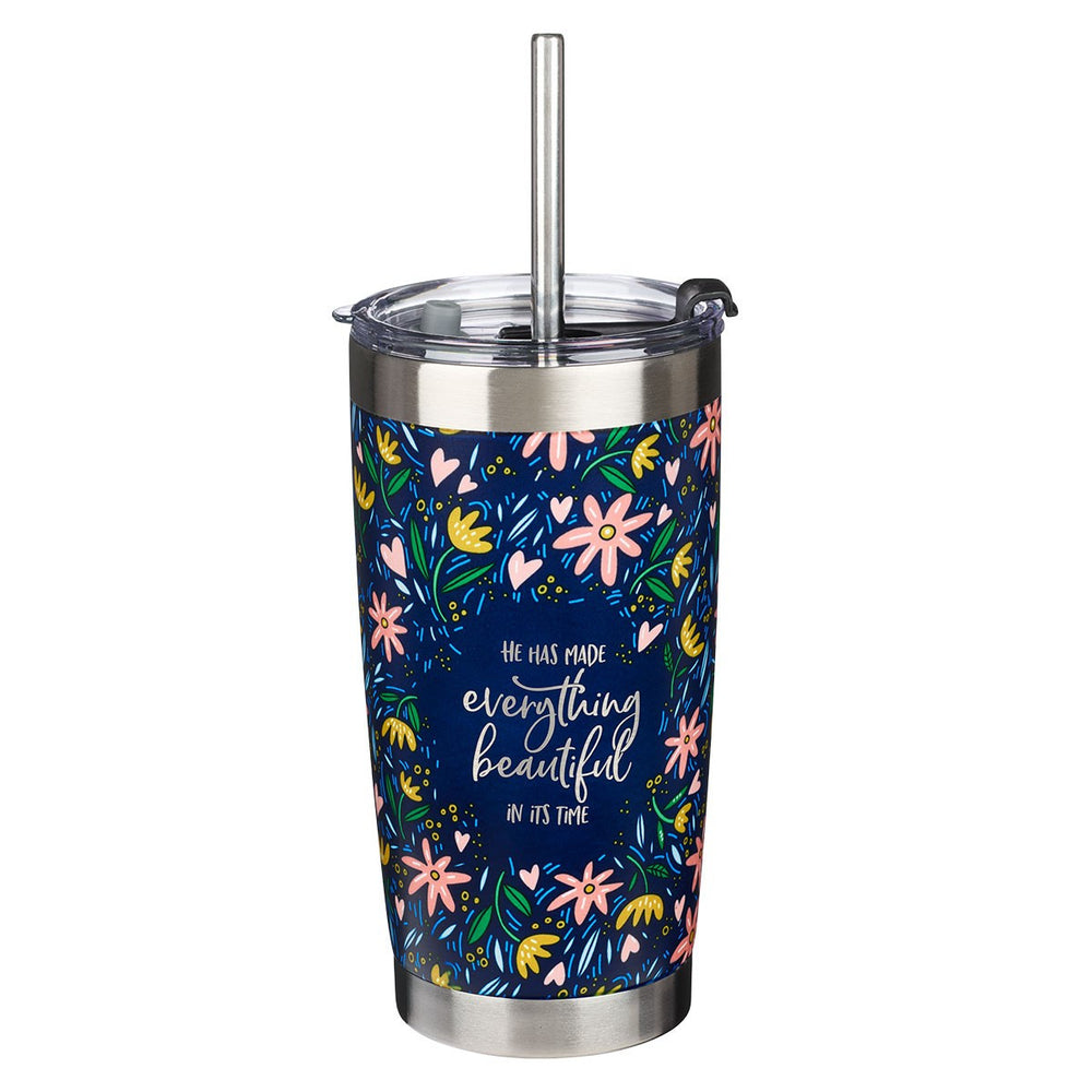 Termo de acero inoxidable con pitillo Everything Beautiful Eclesiastes 3:11 - Azul