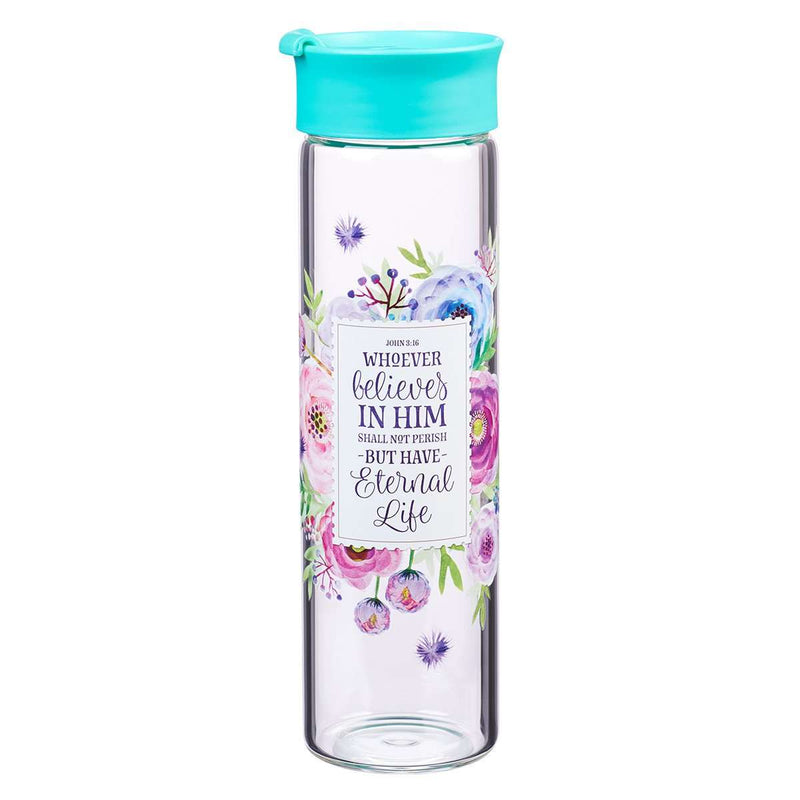Botella de vidrio para agua - Whoever Believes in Him - Pastel Floral - Coffee & Jesus