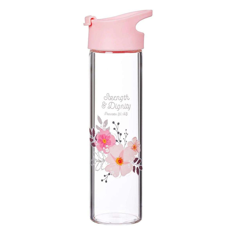 Botella de vidrio para agua - Strength & Dignity - Rosado - Coffee & Jesus