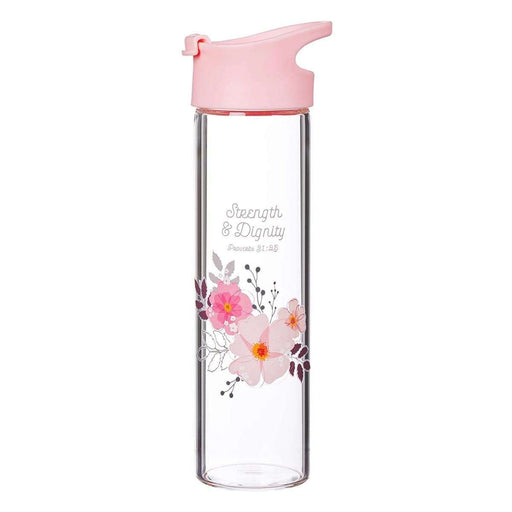 Botella de vidrio para agua - Strength & Dignity - Rosado - Coffee & Jesus