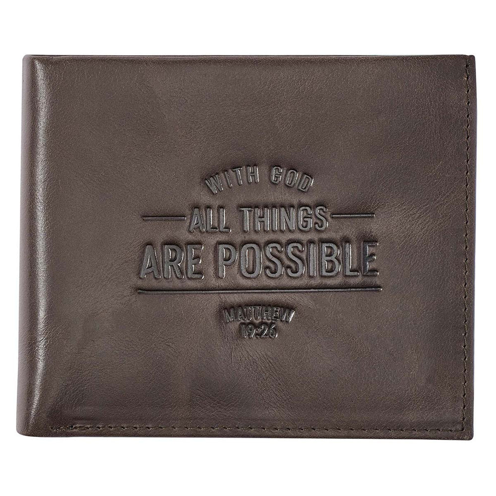 Billetera en cuero café With God All Things Are Possible Matthew 19:26- CAG